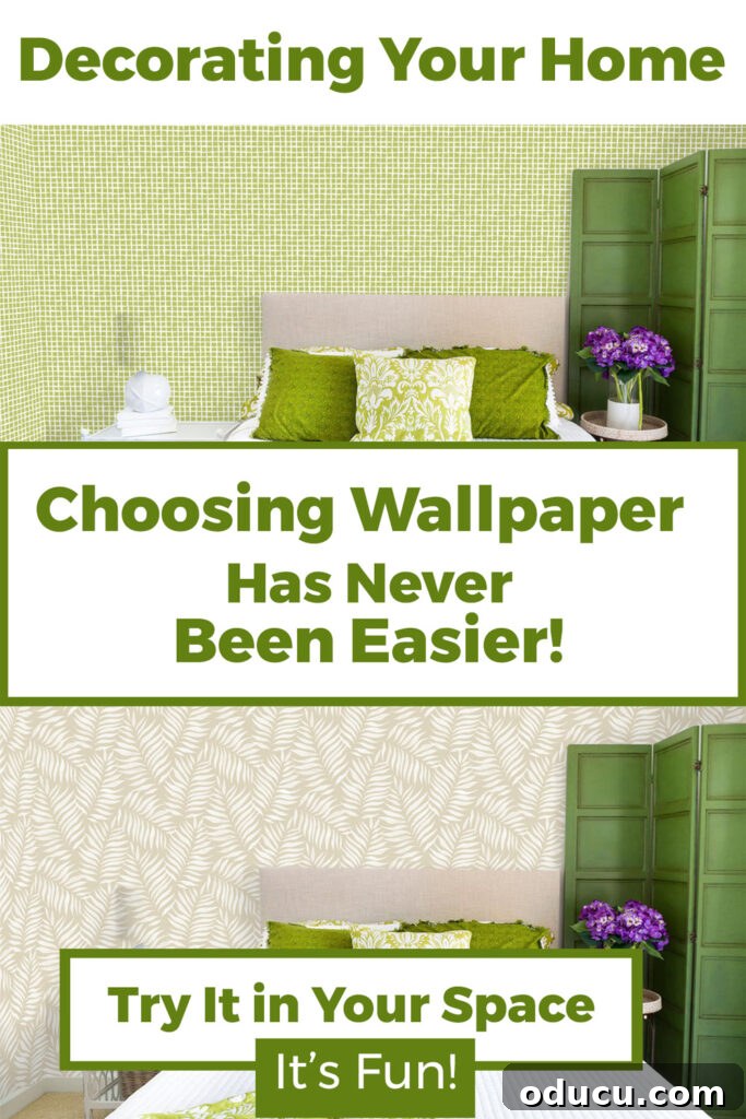 Chic Comfort for Guest Room One 16 Two photos of a room with wallpaper patterns done with an online app. Text says, Decorating your home - Choosing Wallpaper has never been easier - try it in your space it's fun! A visual guide on how to choose the right wallpaper using a 'See It in Your Space' app.
