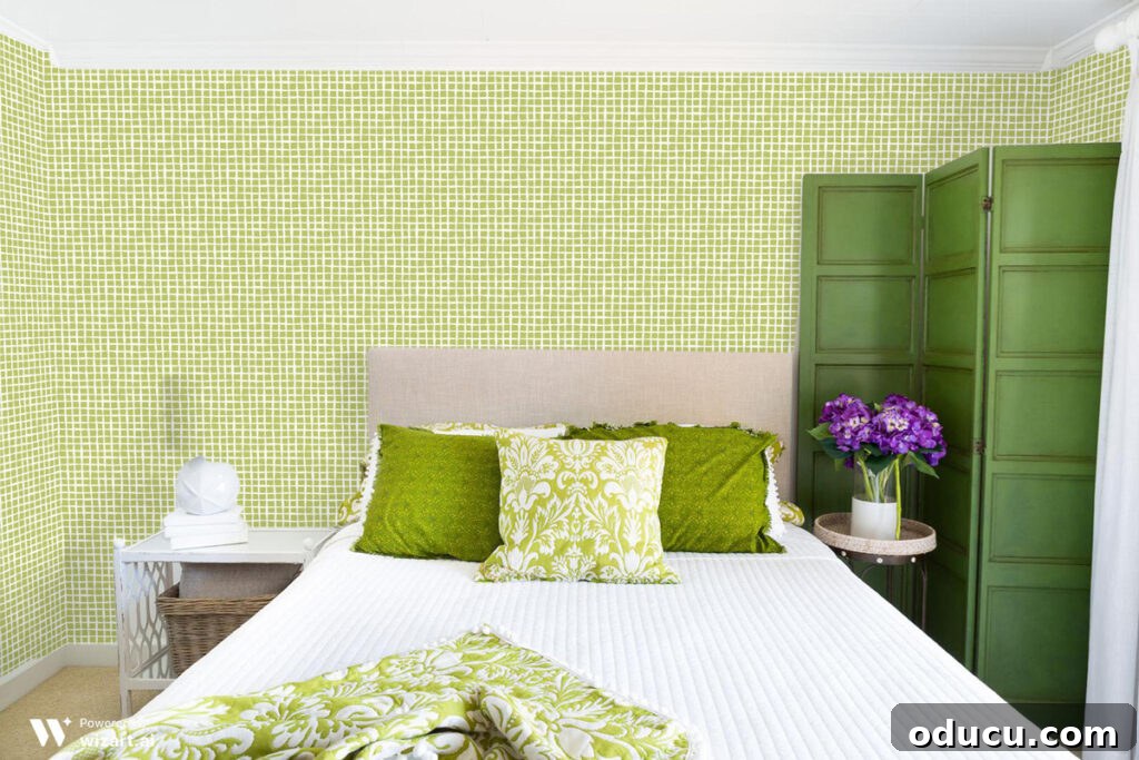 Chic Comfort for Guest Room One 7 Green version of wallpaper sample. A vibrant green wallpaper sample being considered for a guest room accent wall.