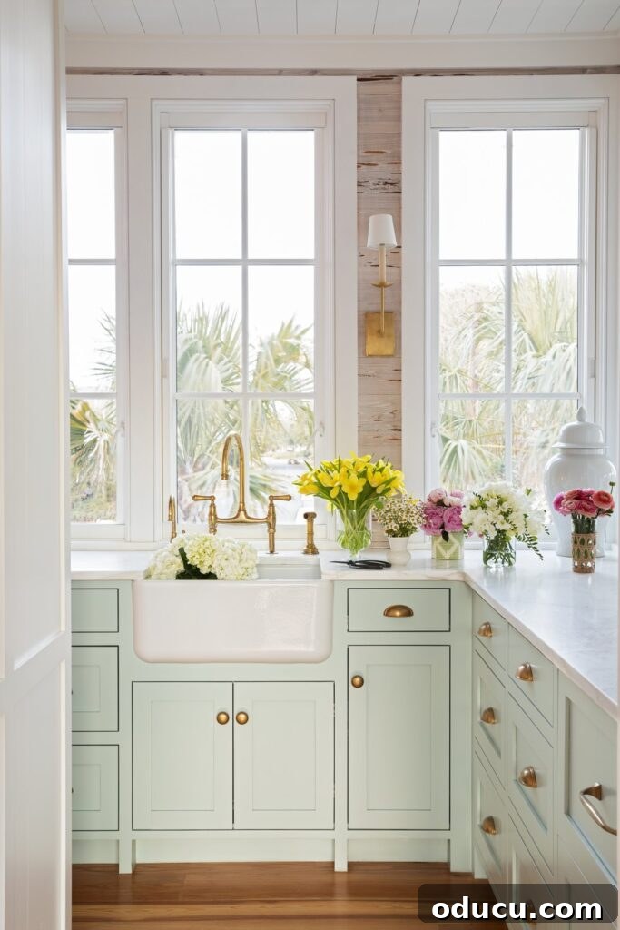 Trend Watch Issue 197 2 kara miller kitchen done in pale green, white with pretty flowers on counter.