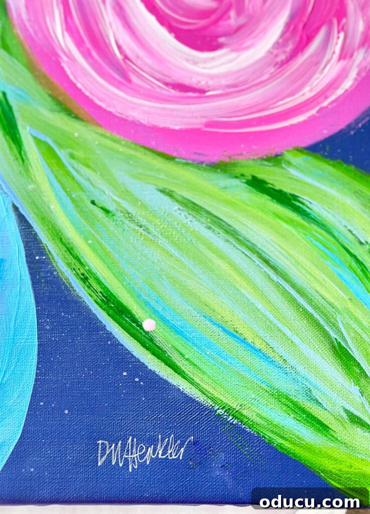 Paint Your Own Canvas: Simple Art for Everyone 13 close up of the brush strokes of a leaf painted on a large art canvas.