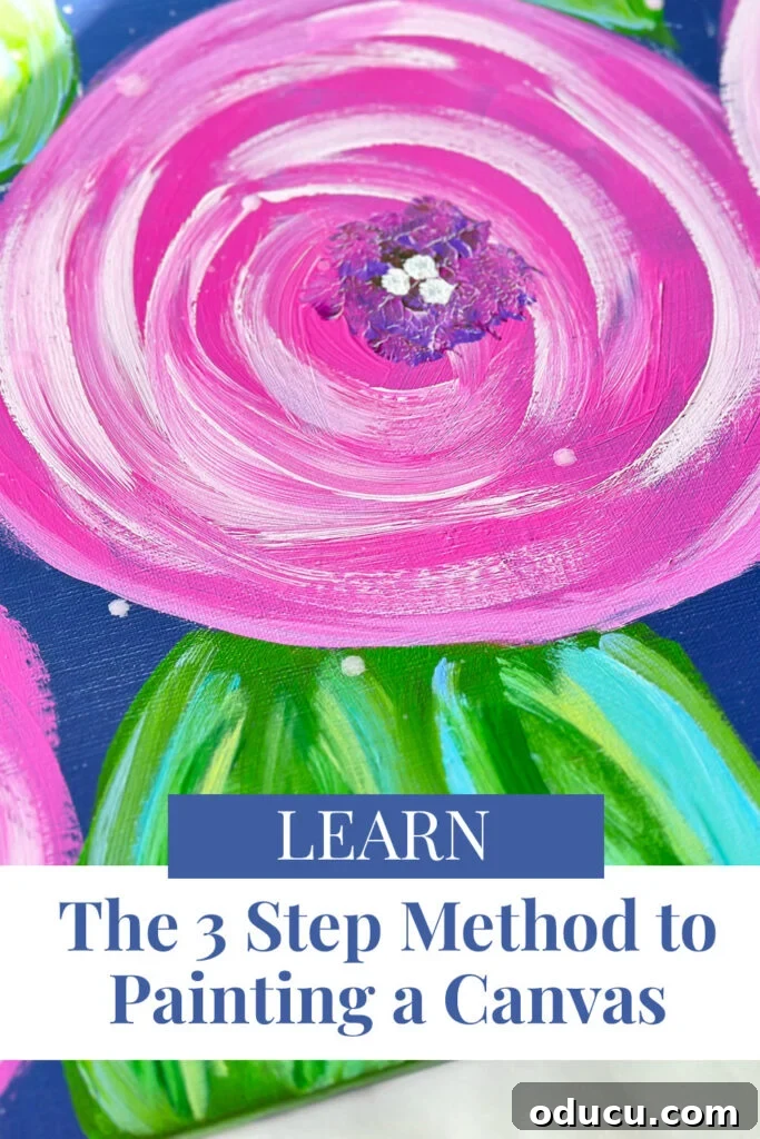 Paint Your Own Canvas: Simple Art for Everyone 16 Close up of a pink painted flower on a blue canvas. Text days - Learn the 3 step method to painting a canvas.