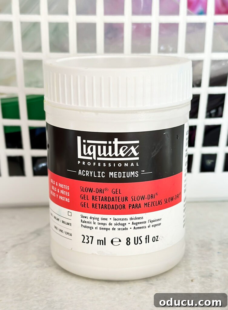 Paint Your Own Canvas: Simple Art for Everyone 6 a jar of Liquitex Acrylic Medium - Slow Dry Gel used to thicken and add texture to acrylic paint and allow for slow drying.