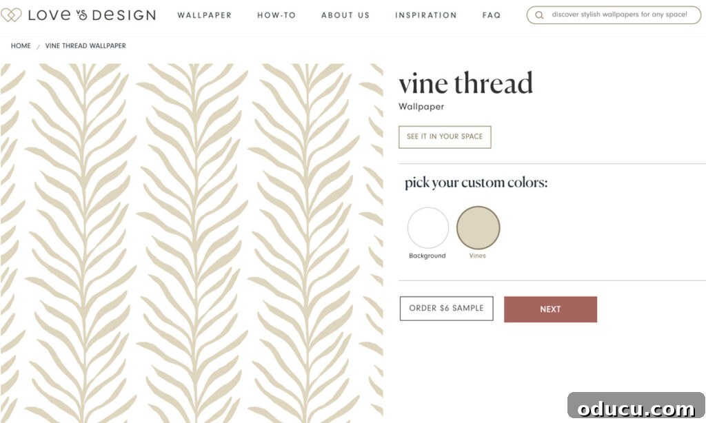 Walls of Welcome 2 Discovering the perfect wallpaper pattern online with Love vs Design's intuitive visualizer tool, showcasing the Vine Thread design in a sophisticated white and wheat color palette.