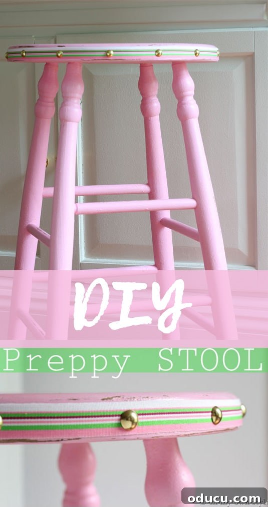 Hold Off on Fall Decorating Try This Alternative 18 DIY: Chalk Painted Preppy Pink Stool with Ribbon Border.