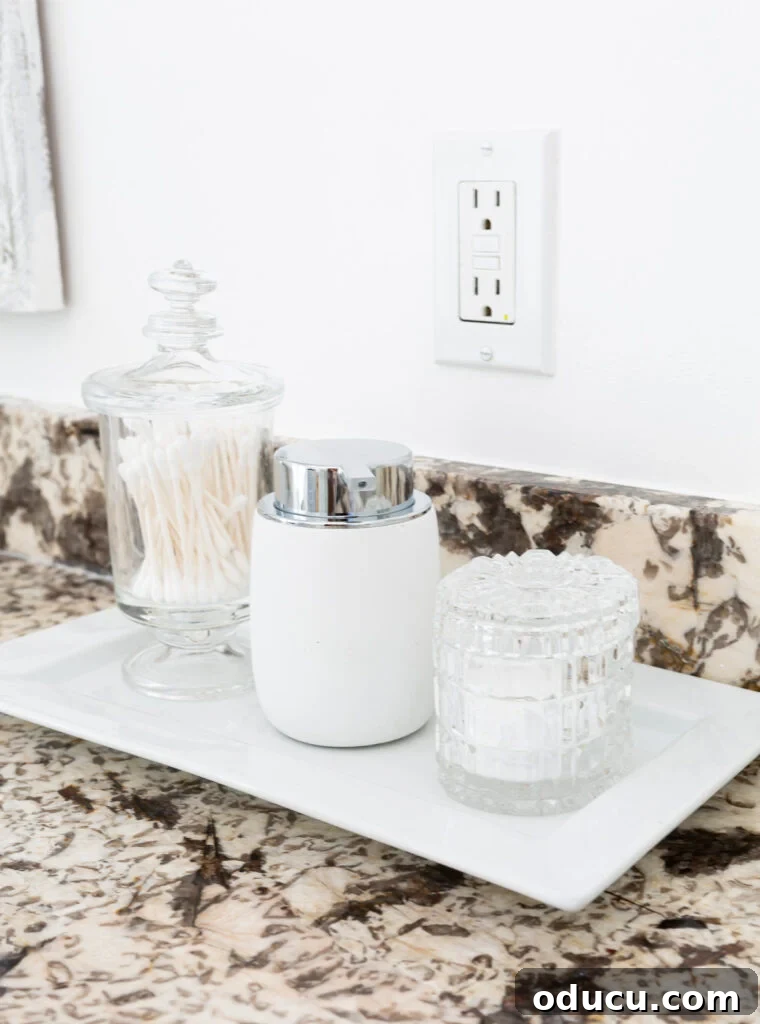 Hold Off on Fall Decorating Try This Alternative 5 Pretty bathroom counter display where everyday bath items are in pretty container instead of the packaging containers they come in.