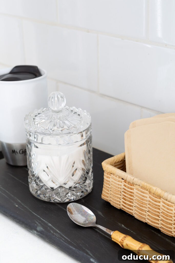 Hold Off on Fall Decorating Try This Alternative 10 cut crystal sugar bowl on kitchen counter coffee station.