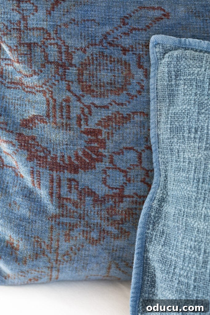 Creative Dyeing for Fabric Decorations 9 close up of dyed throw pillow covers. They were tan/brown now they are a denim blue color.