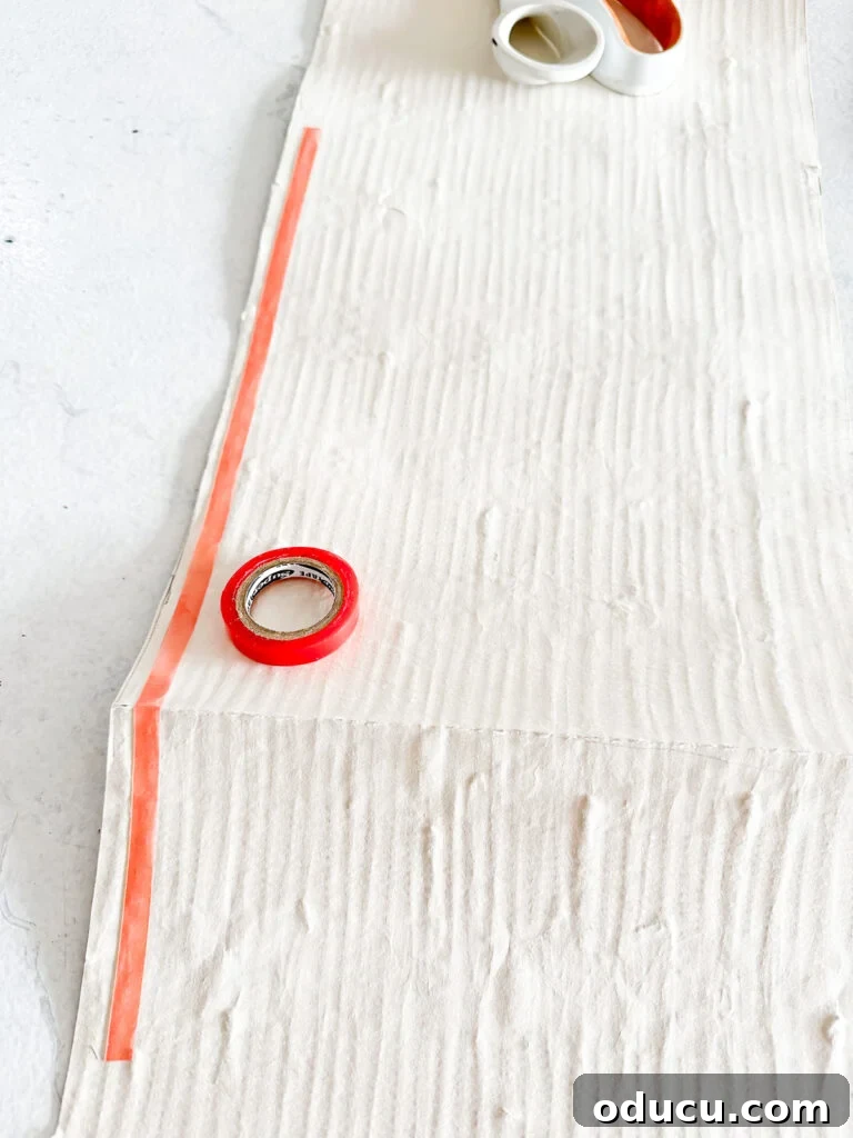 Fall Kitchen Shelves Get a Wallpaper Makeover 11 how to add red sticky tape to the back of wallpaper to hang in the back of open kitchen shelves.
