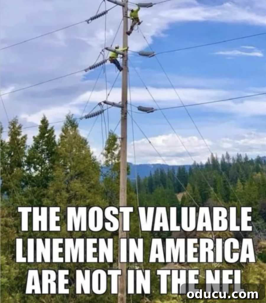 Helene's Extreme Home Makeover: See My House Now 7 Humorous meme recognizing utility linemen as the most valuable, not NFL players, given their critical work during widespread power outages.