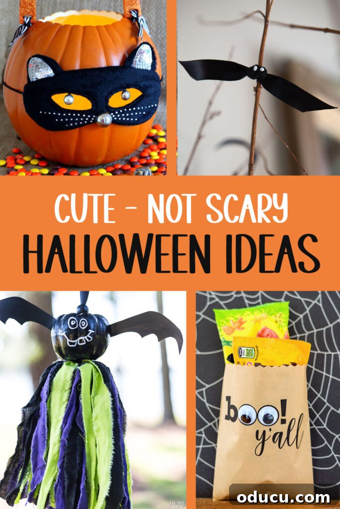 Delightful Halloween Inspirations 2 A collection of cute, not scary Halloween decor ideas laid out on a table, including decorated pumpkins, paper bats, and other charming seasonal items.