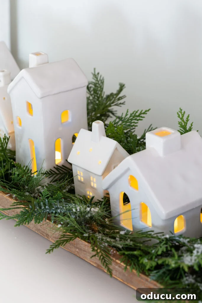 Tealight Village Magic: Fall and Holiday Decor 13 A captivating Christmas tabletop display featuring white ceramic houses in a dough bowl, elegantly framed by festive greenery, ready for winter.