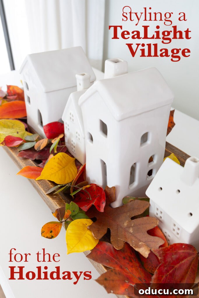 Tealight Village Magic: Fall and Holiday Decor 14 Creative ideas for styling a ceramic tealight village in various ways to celebrate both fall and Christmas holidays beautifully.