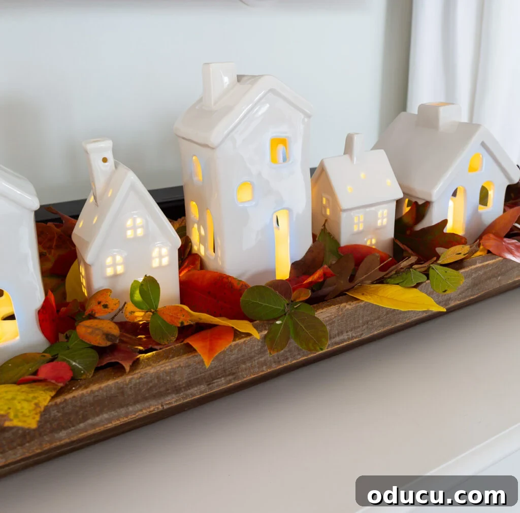 Tealight Village Magic: Fall and Holiday Decor 7 Inspiring ceramic village display ideas featuring light-up houses in a dough bowl, perfect for versatile autumn and Christmas home decor.