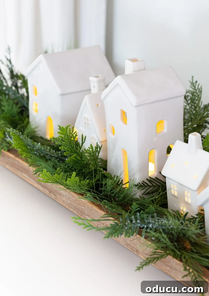 Tealight Village Magic: Fall and Holiday Decor 10 A beautiful Christmas tabletop display featuring white ceramic houses nestled in a dough bowl, elegantly surrounded by festive greenery.