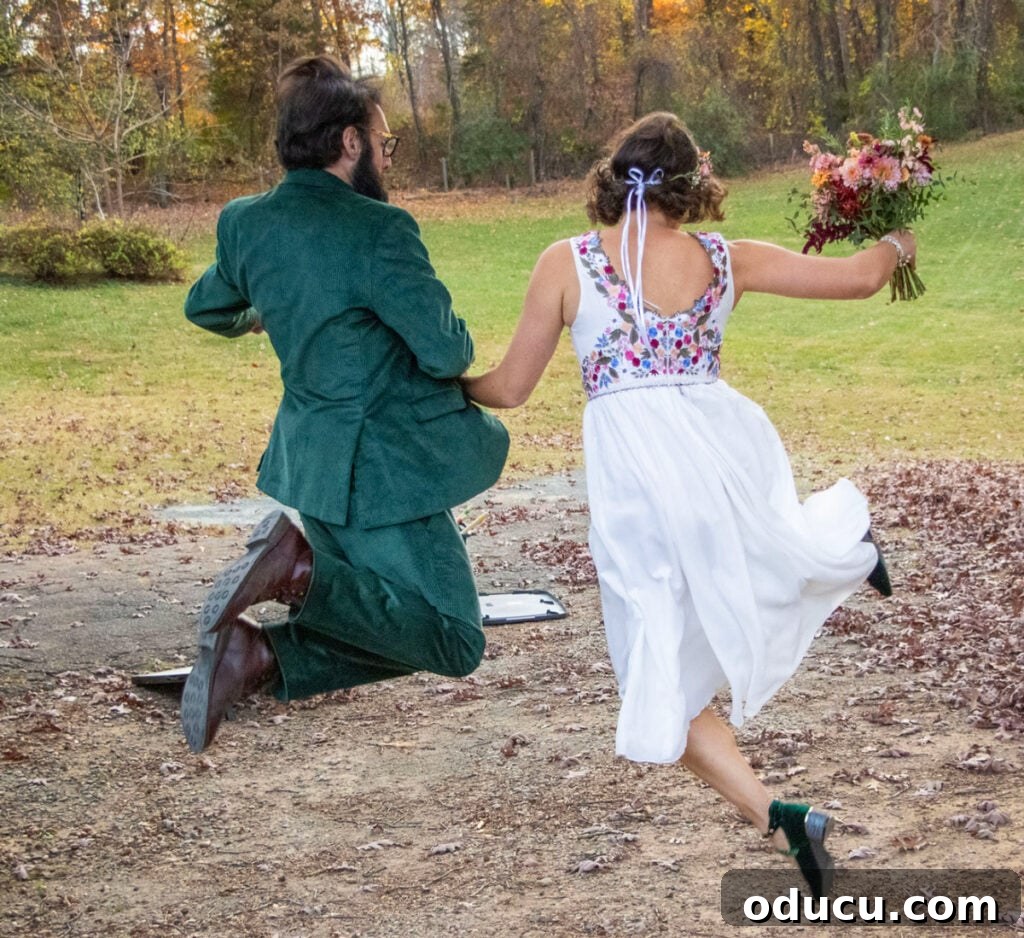 Fashion Forward: Volume 218 2 A joyous newlywed couple, Mandy and Matt, jumping enthusiastically after their wedding ceremony, symbolizing their excitement and new beginning.