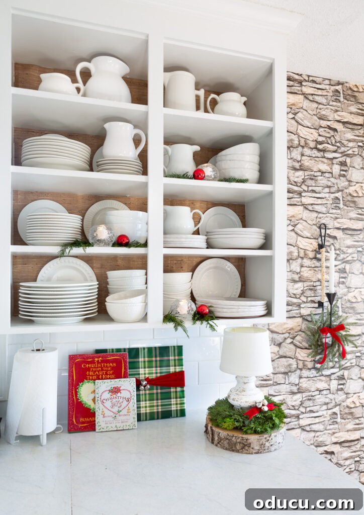 Decking the Halls for the Holidays 11 Kitchen counter and open shelves decorated for Christmas.