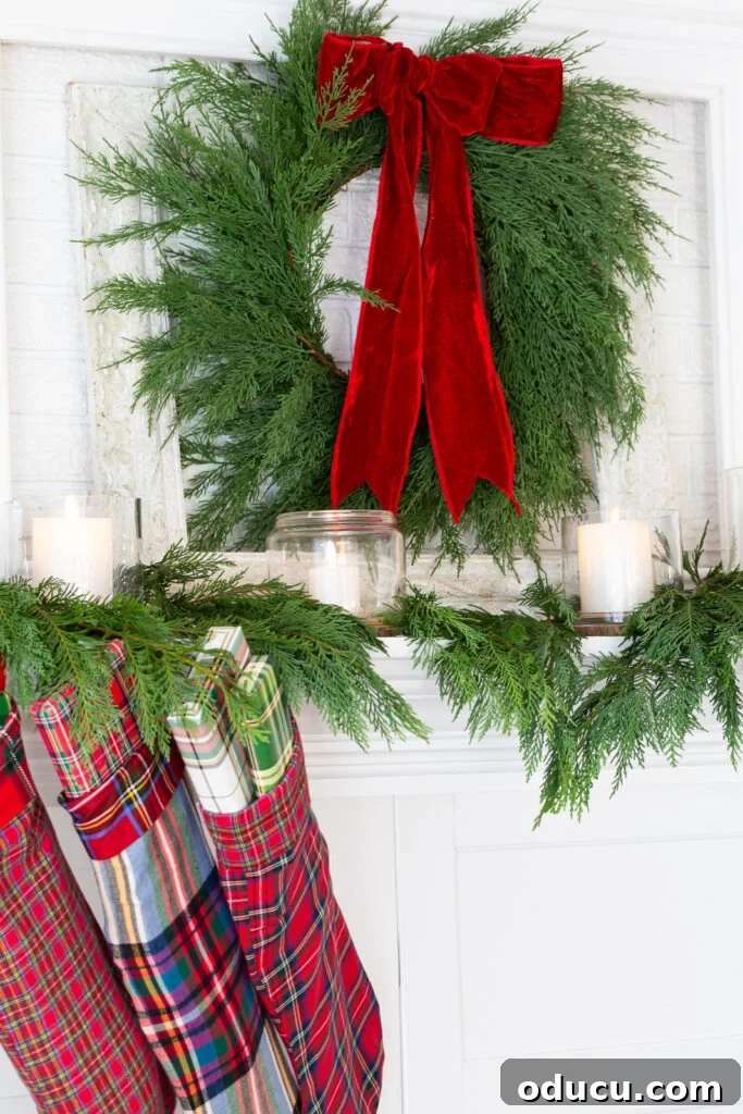 Decking the Halls for the Holidays 6 Red, green and plain decorated Christmas mantel.