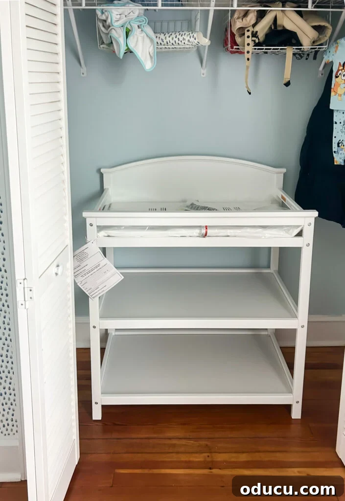 Elevate Your Nursery: Printable Basket Labels for Stylish Organization 2 Beautifully organized baby nursery closet with a changing table and labeled storage baskets