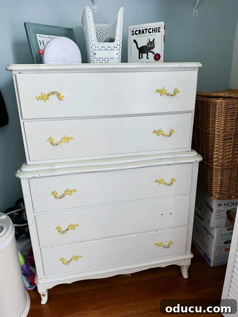 Elevate Your Nursery: Printable Basket Labels for Stylish Organization 11 Unfinished thrift store dresser inside a nursery closet, awaiting a DIY makeover