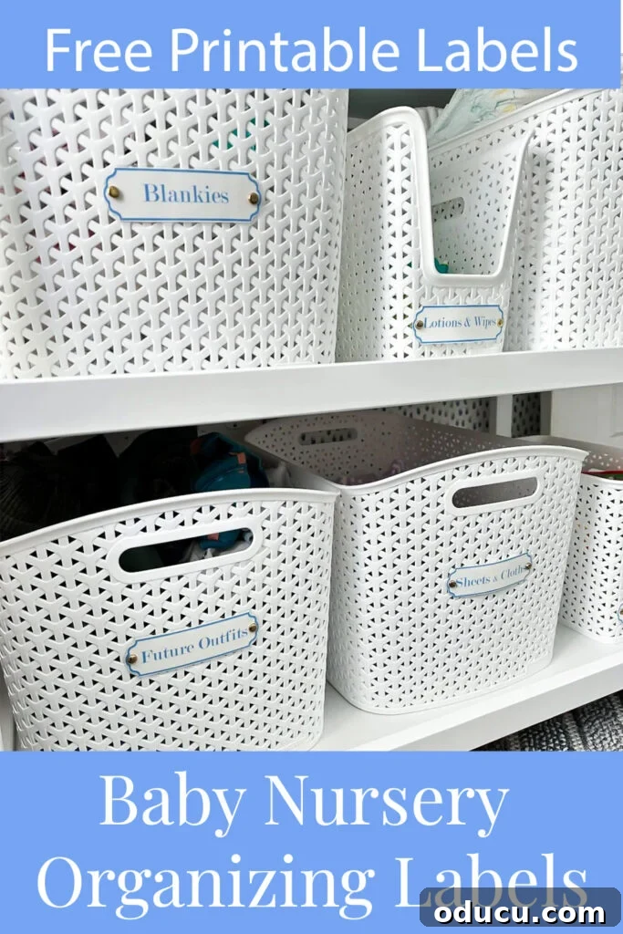 Elevate Your Nursery: Printable Basket Labels for Stylish Organization 12 Pinterest-worthy baby nursery shelves featuring meticulously labeled white storage baskets for optimal organization