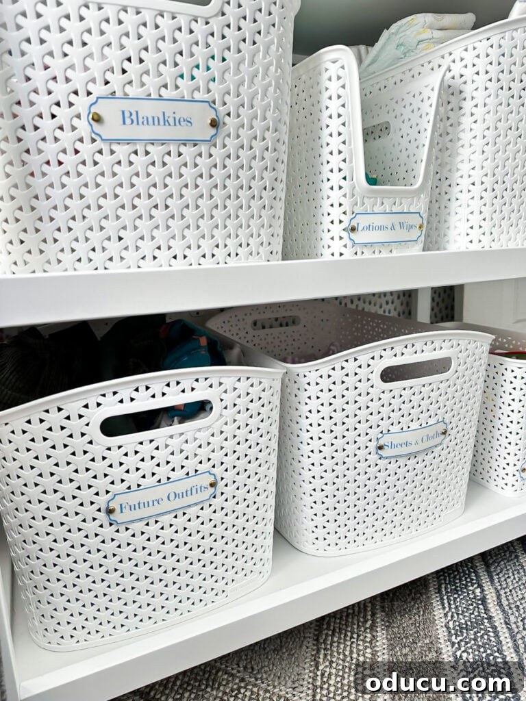 Elevate Your Nursery: Printable Basket Labels for Stylish Organization 8 Organized changing table with labeled storage baskets for baby essentials