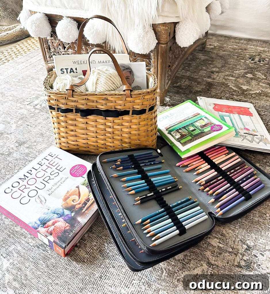 My Analog Carry: Intentional Essentials for an Offline Life 8 contents of what is in my analog basket - crochet book, colored pencils, magazines and yarn