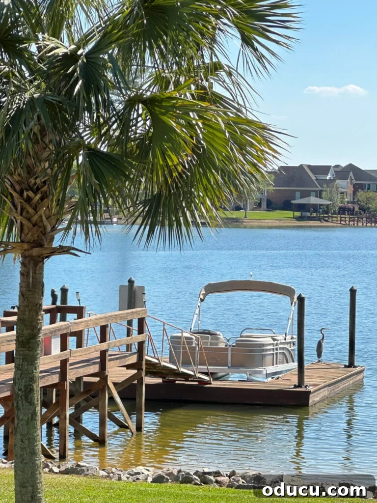 A serene dock with a majestic heron perched gracefully, looking like a natural sculpture against a calm body of water.