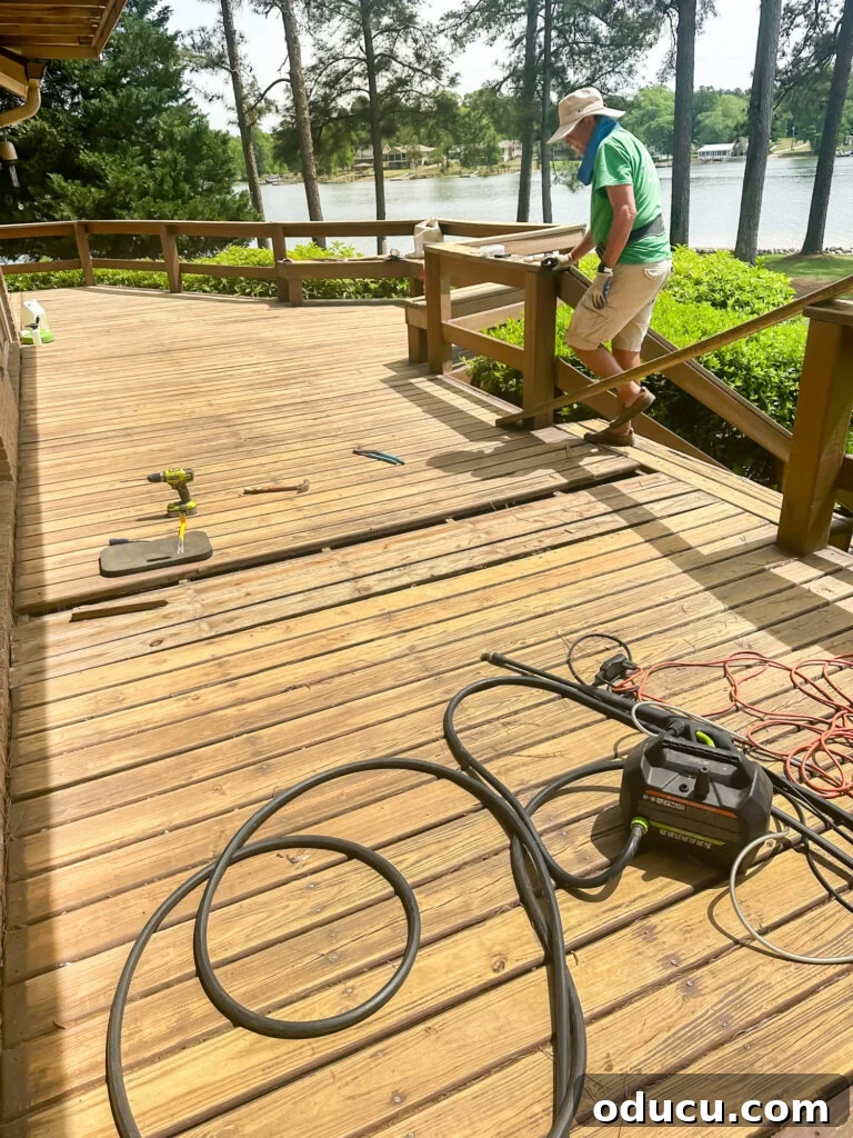Trendspotting Edition 288 3 A large wooden deck undergoing refinishing, showing sanded and cleaned sections, ready for staining to restore its beauty.