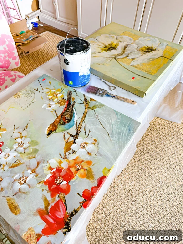 two thrift store finds - large painted canvases.